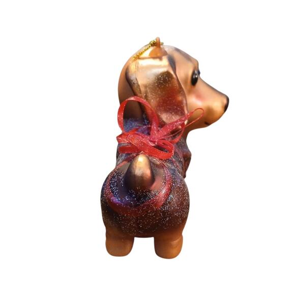 Robert Stanley Glass Christmas Ornament Dachshund Weiner Dog Red Ribbon Glitter - Picture 4 of 8